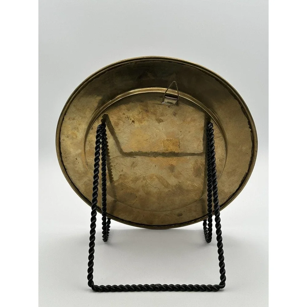 Vintage 9.5 Inch Brass Decorative Plate Hand-Engraved Peacock Design Wall Art